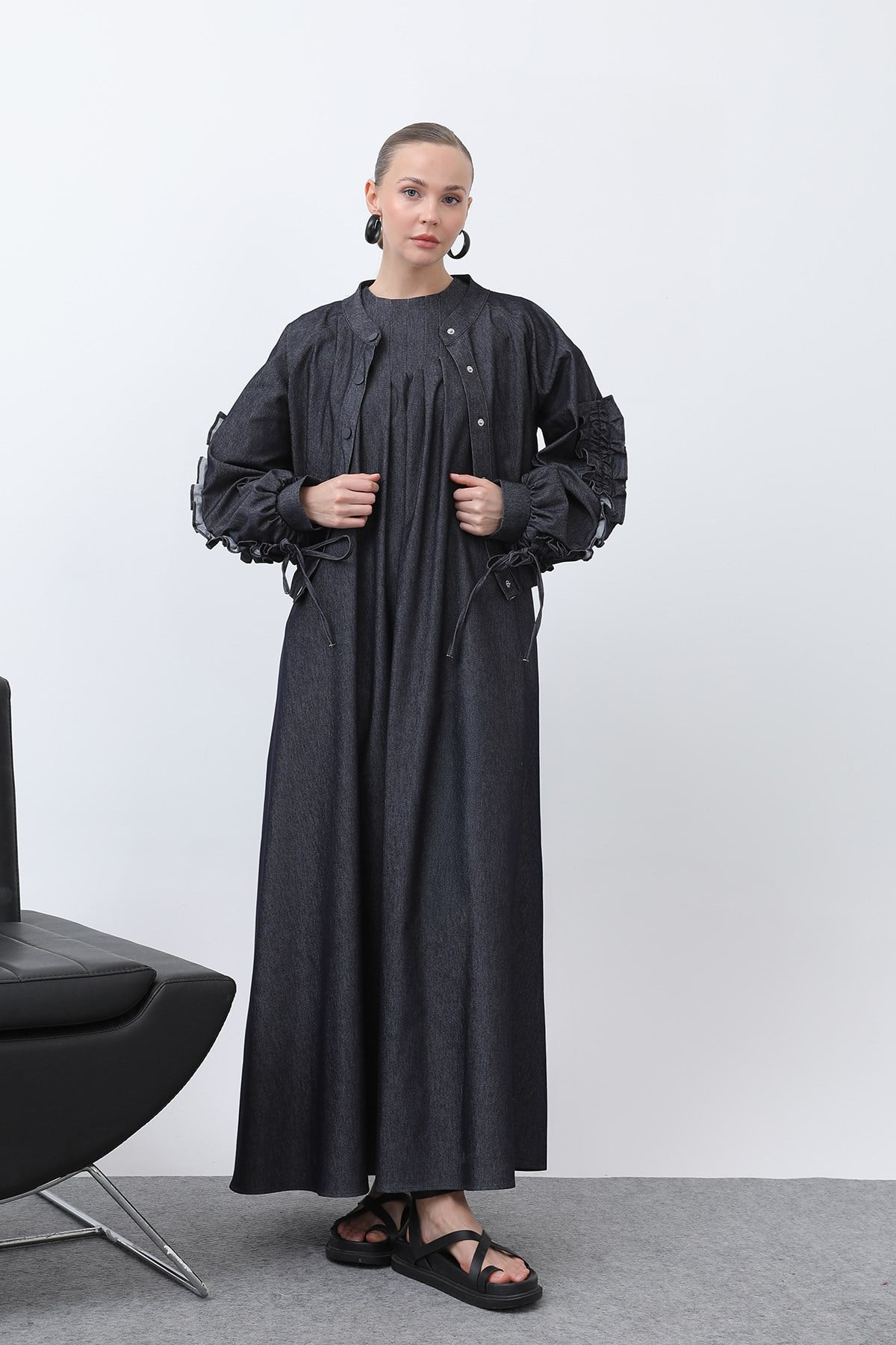 Kadın Kolları Volan Detaylı Ceket Elbise Takım -20654TKS - NAVY