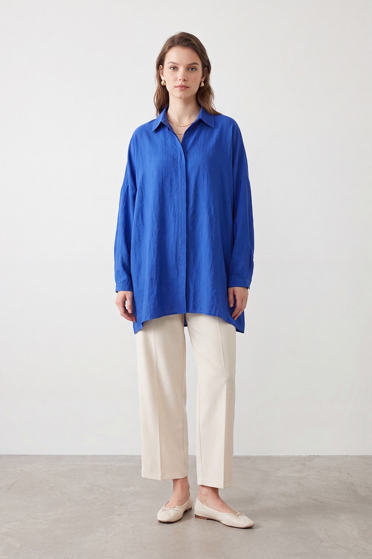 Basic Oversize Gömlek Saks Mavisi Gömlek Puane 