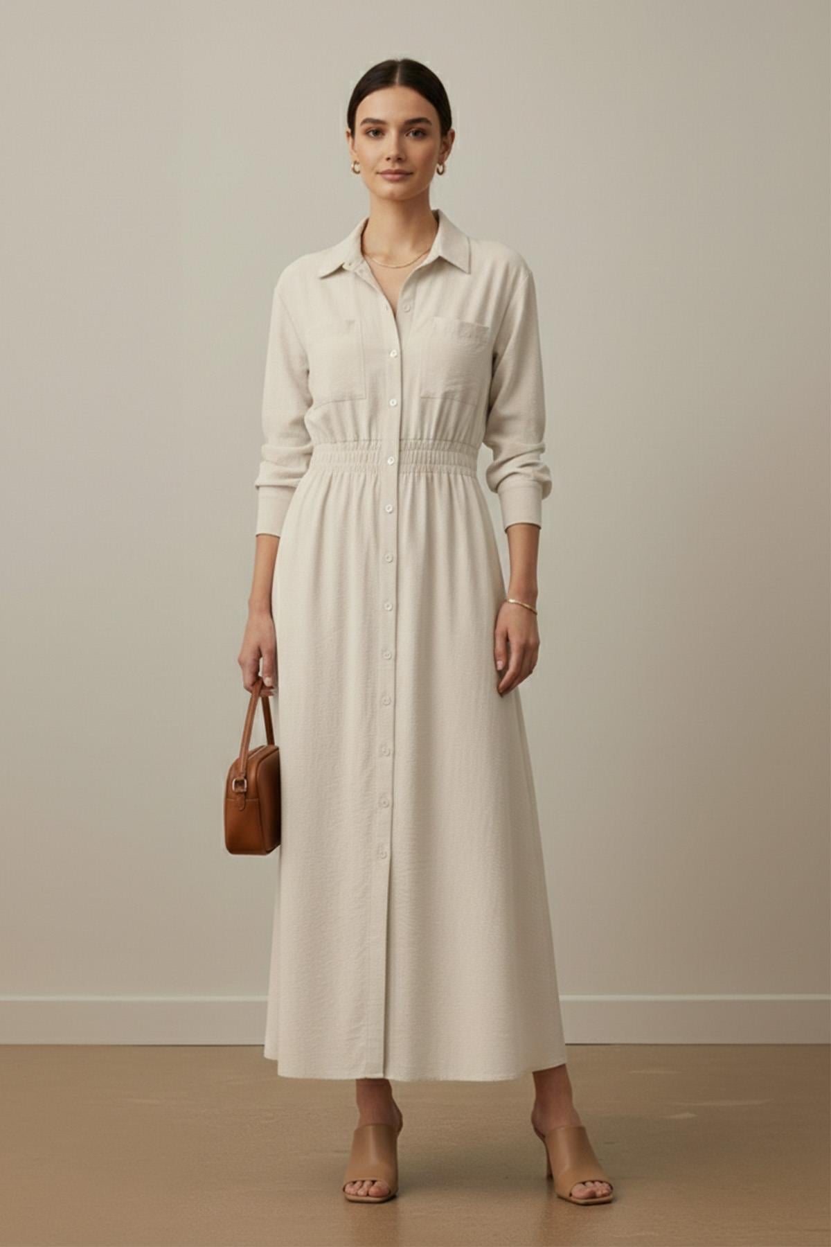 Kadın Uzun Kollu Gömlek Yaka Kuşak Detaylı Maxi Elbise -20681ELB - SAND BEIGE