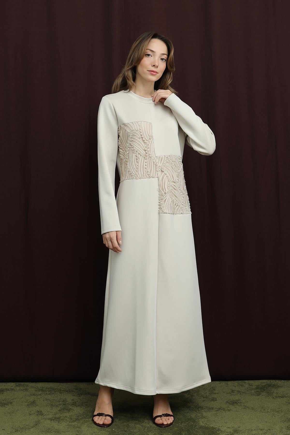 Kadın Dantel Detaylı Elbise - 12653ELB - STONE