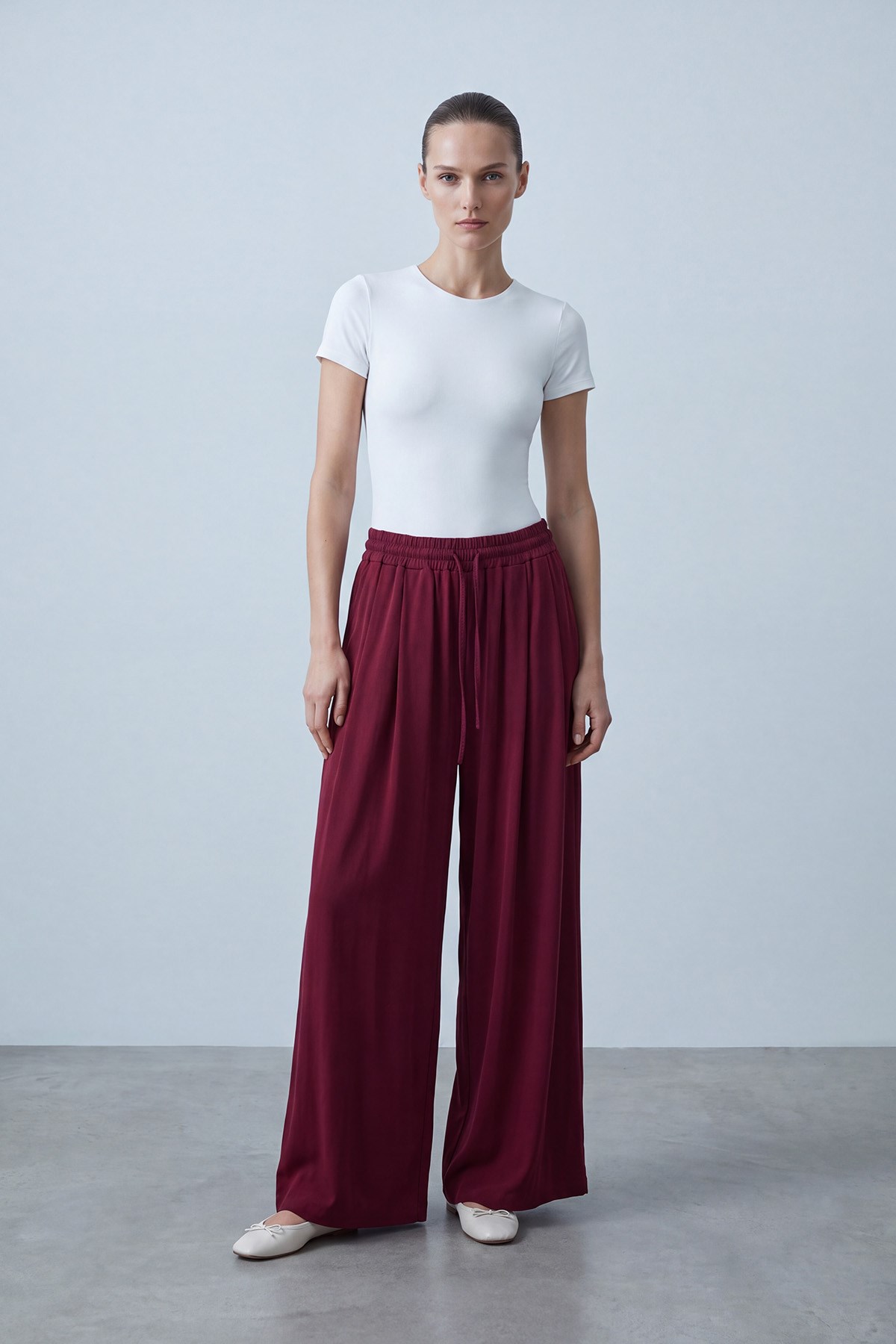 Bel Bağcıklı Bol Paça Modal Pantolon Bordo Pantolon Soul 