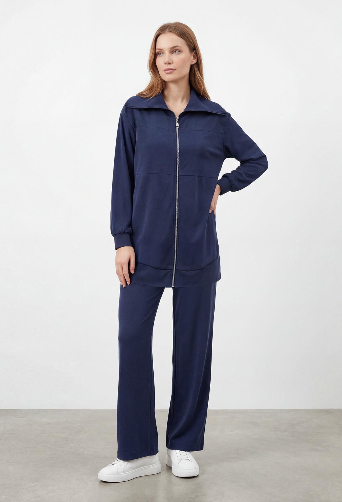Kadın Geniş Yaka Fermuarlı Premium İkili Takım -14421TKS - NAVY