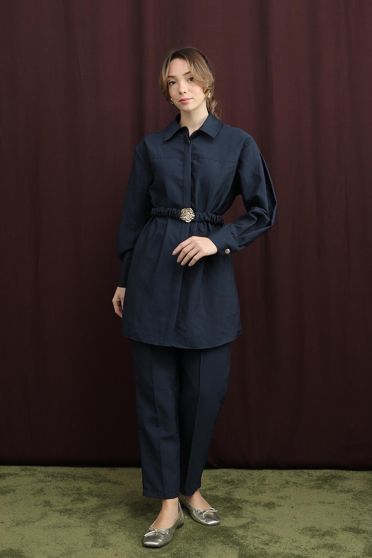 Kadın Gizli Patlı Beli Lastik Kemerli Takım - 14388TKS - NAVY