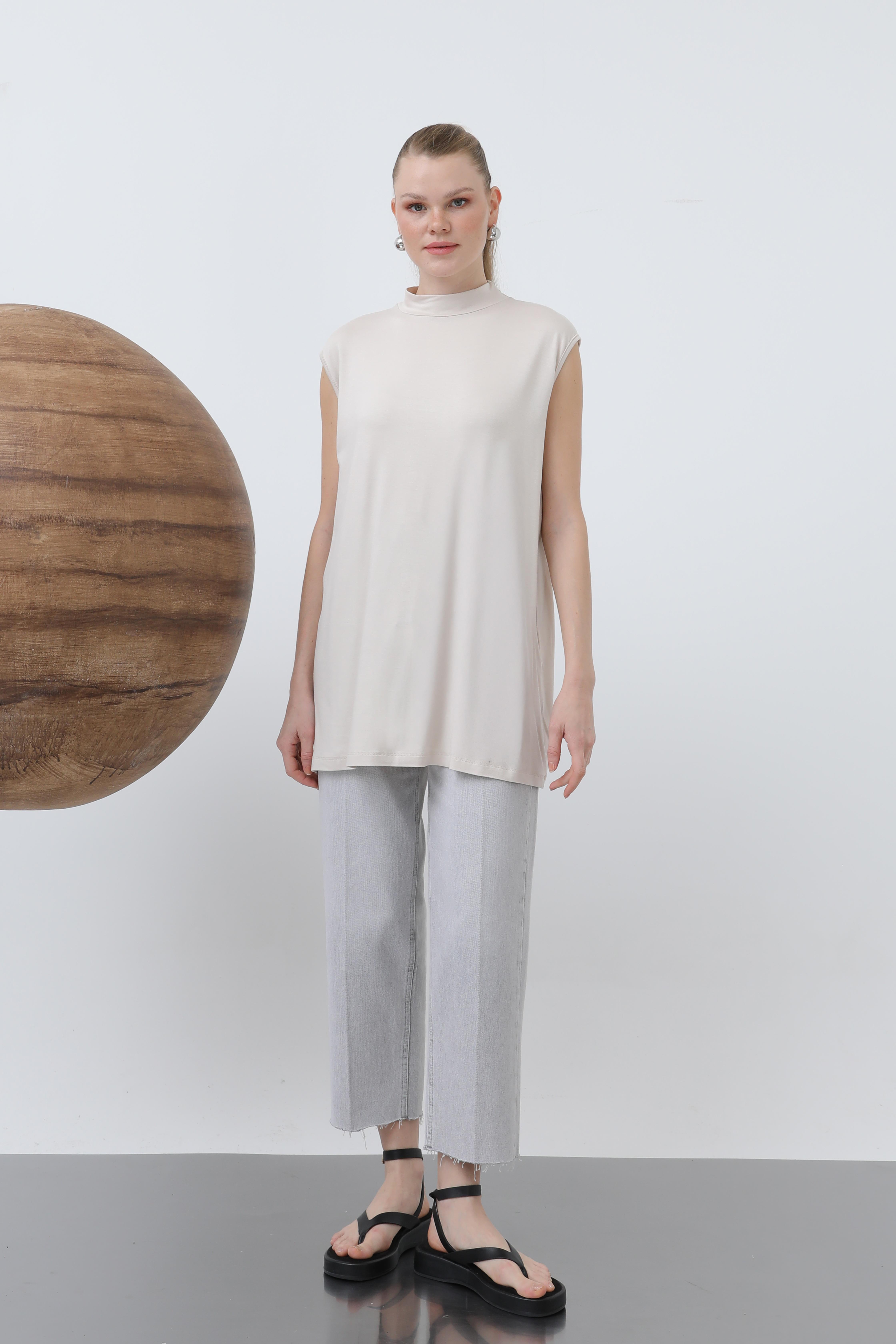 Kadın Kolsuz Bisiklet Yaka Tunik Boy İçlik - 40006BLZ - BEIGE