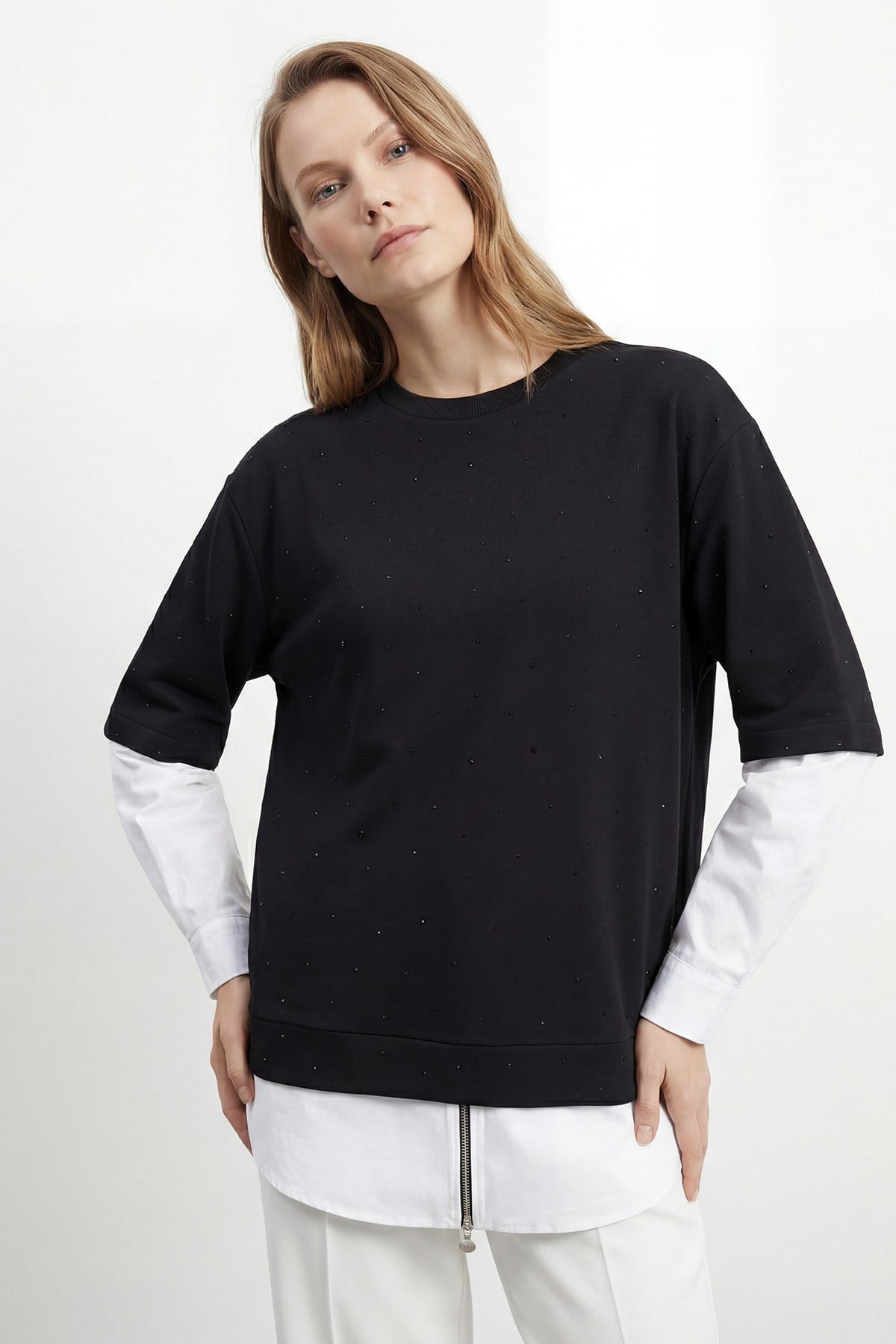 Kadın Garnili Bisiklet Yaka Tunik - 10761TUN - BLACK