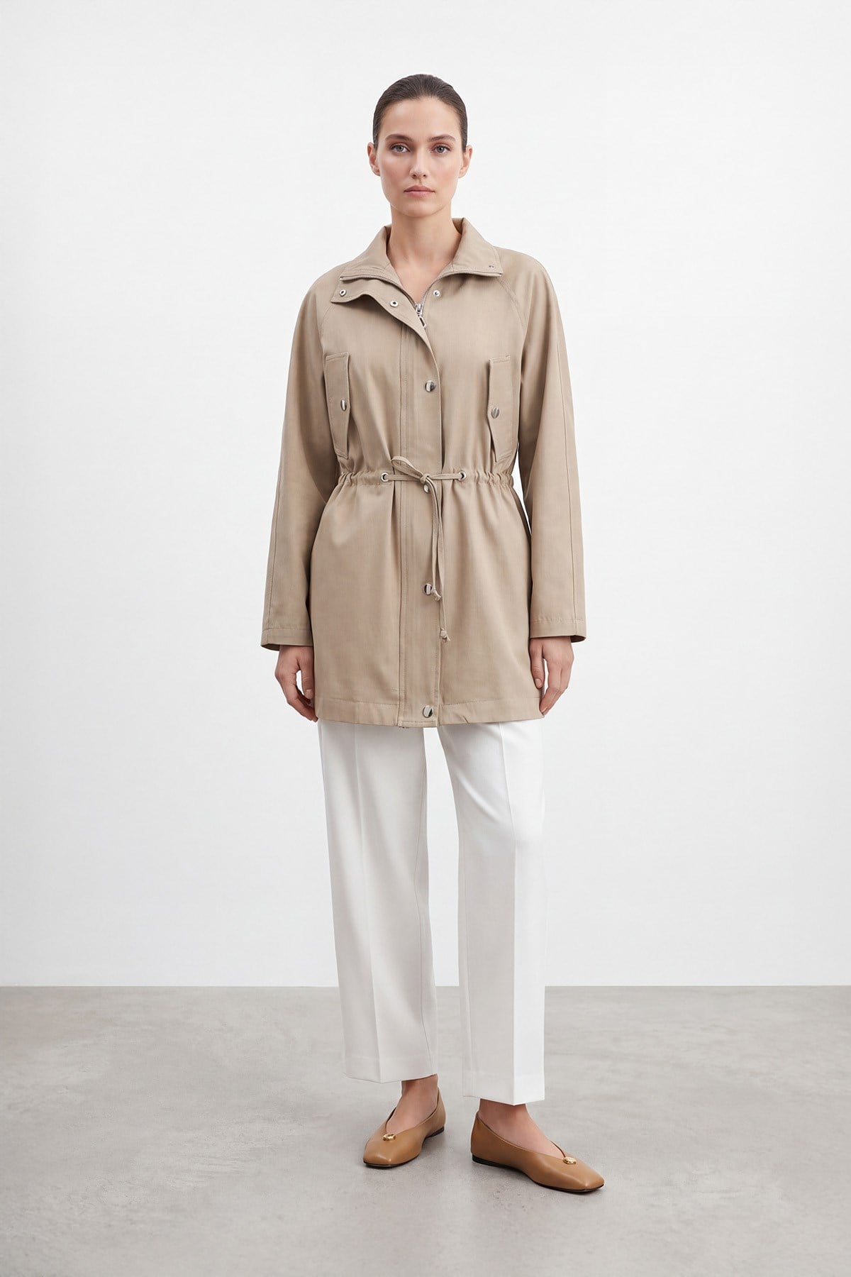 Kadın Beli Büzgülü Çıtçıtlı Hafif Trenç Ceket – 26S-15263CKT - BEIGE