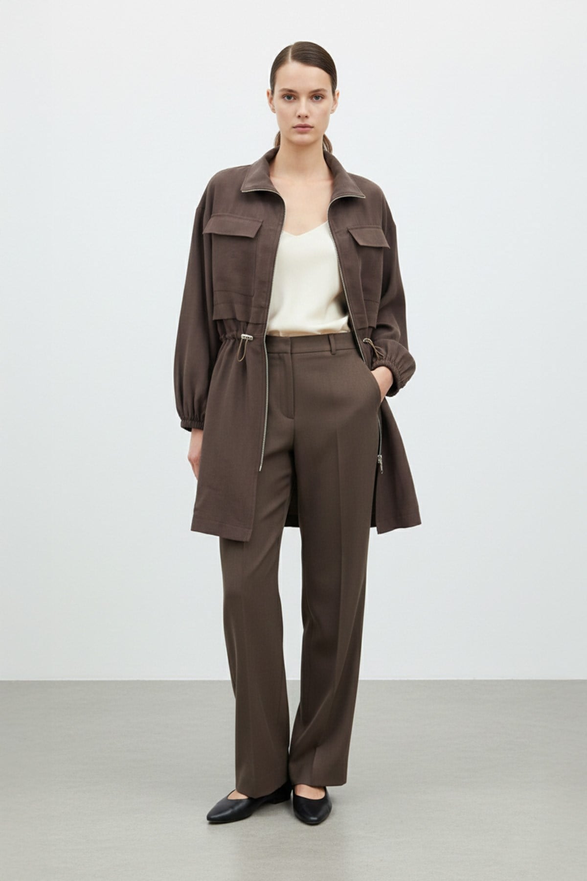 Fermuarlı Dik Yaka Beli Büzgülü Kadın Ceket-15260 - BROWN