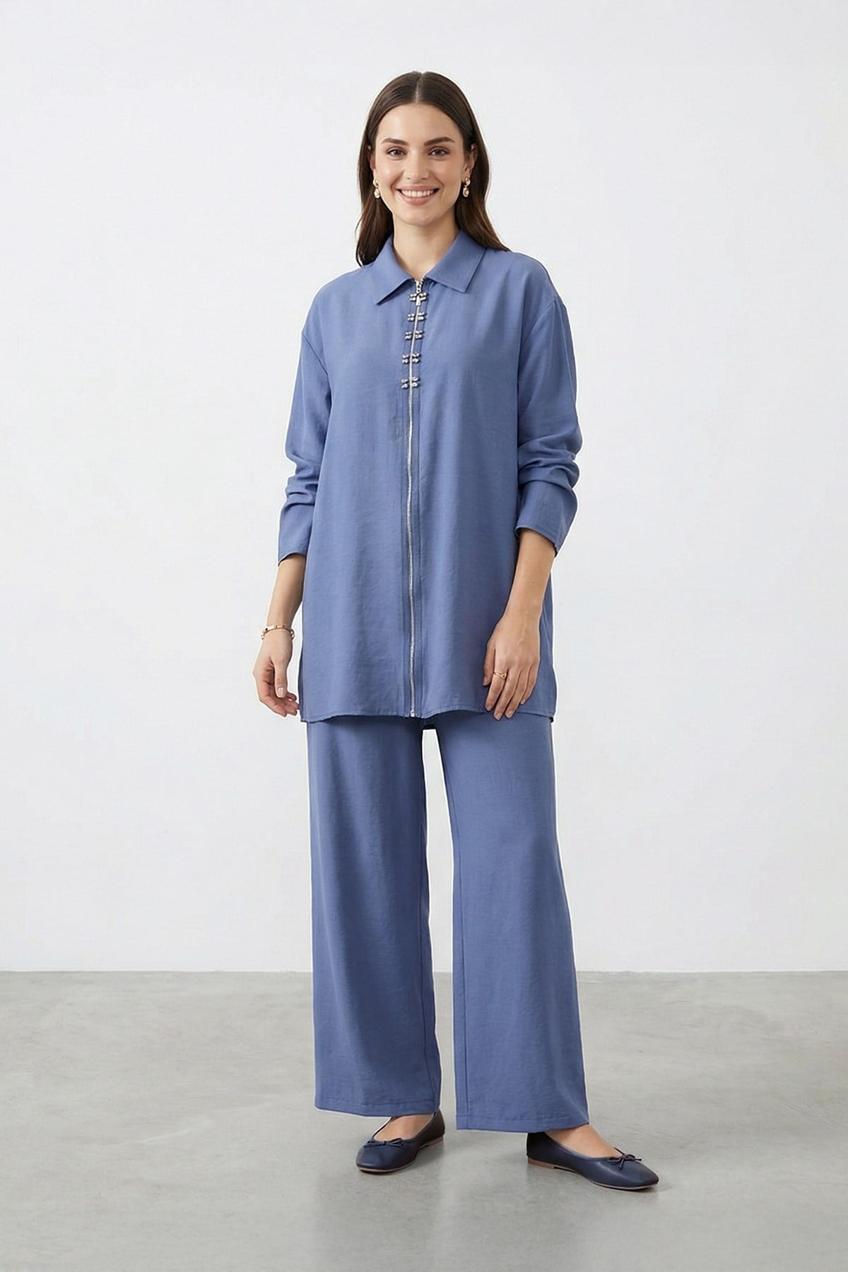 Kadın Gömlek Yaka Fermuarlı Tunik Pantolon Takım – 14446TKS - INDIGO