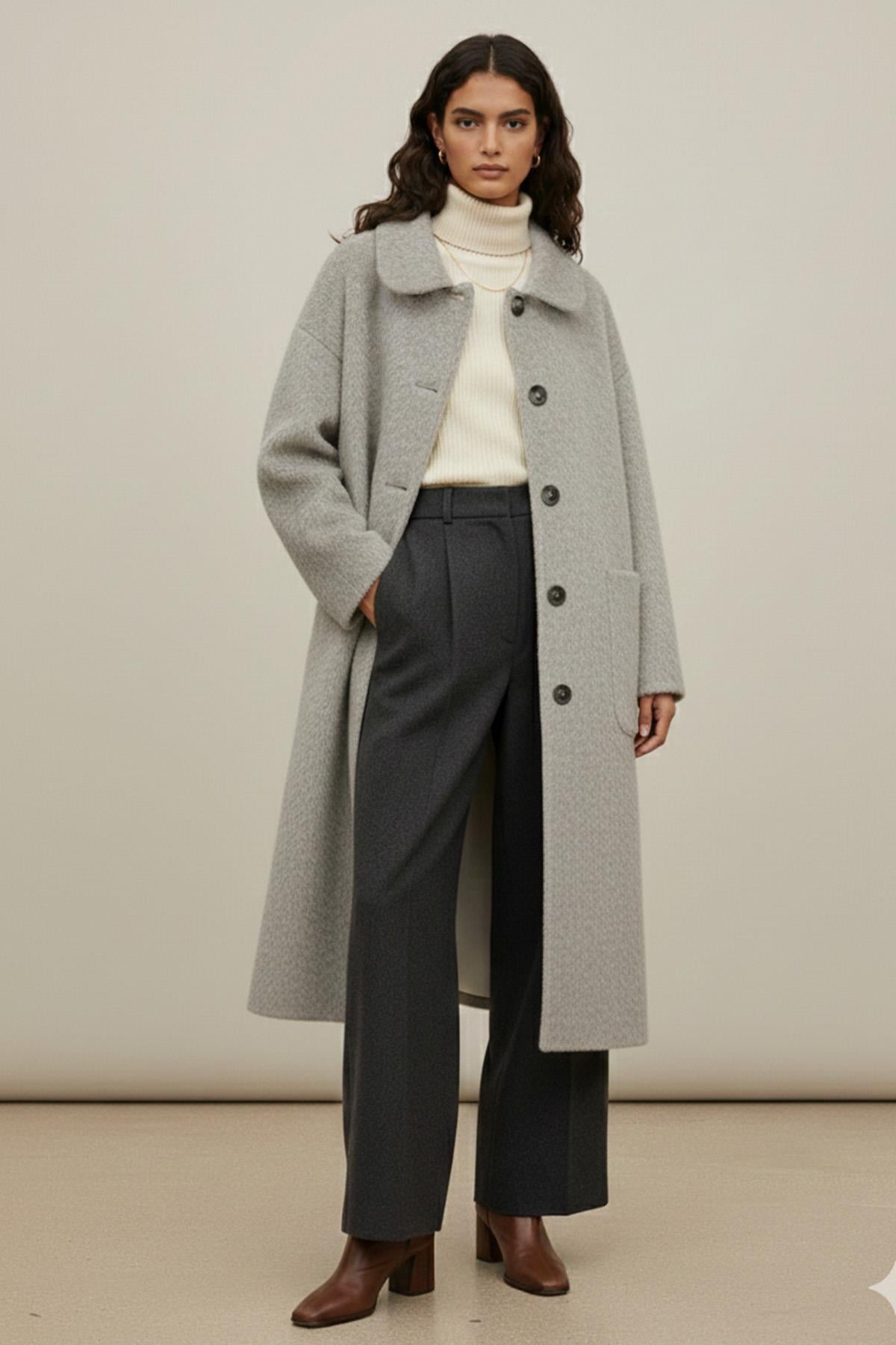 Kadın Düğme ve Cep Detaylı Fox Kaban - 15220KBN - GREY