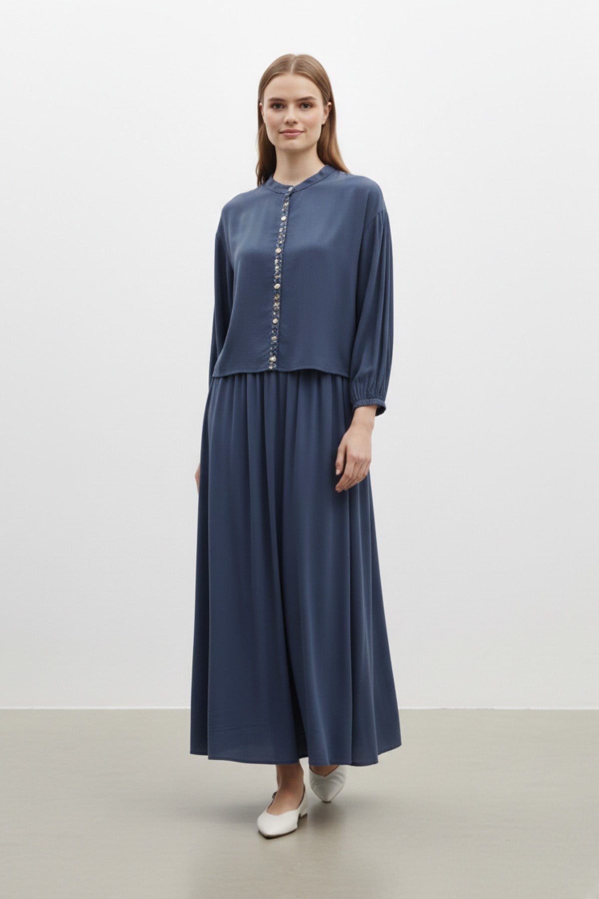 Kadın  Taş Düğme Detaylı Bluz ve Uzun Etek Takım-14434 - NAVY