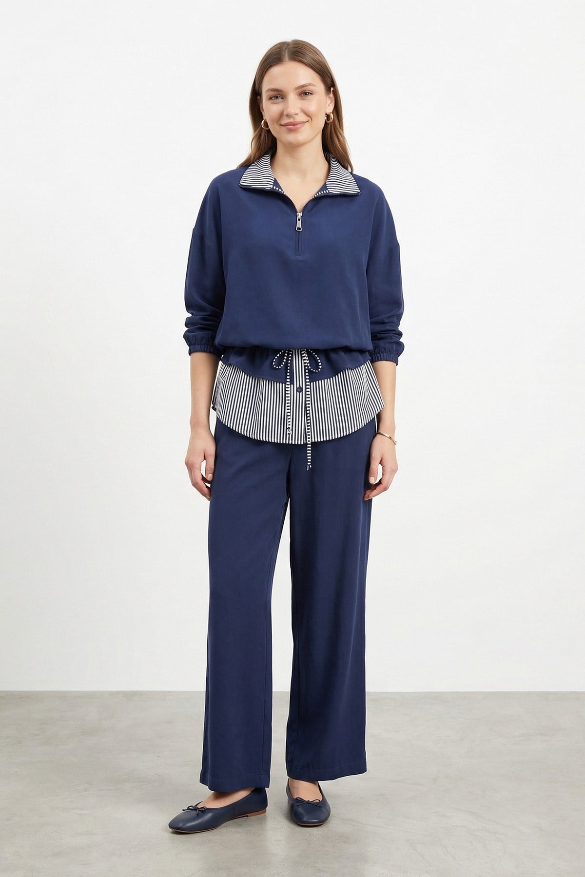 Kadın Düz Desenli Dokuma Tunik Pantolon Takım – 32462TKS - NAVY