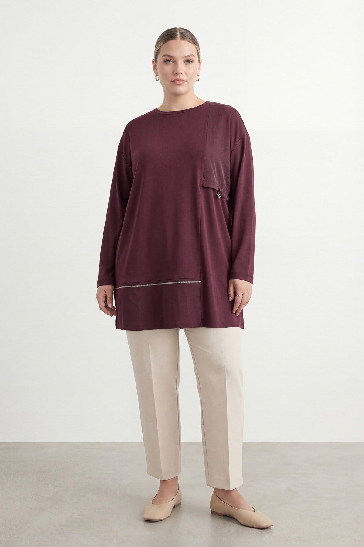 Kadın Büyük Beden Fermuar Detaylı Tunik – 19268TUN - BURGUNDY