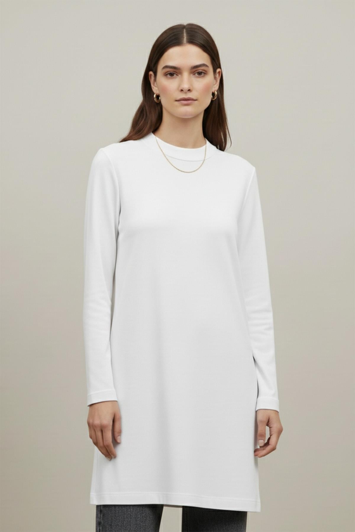 Kadın Düz Kesim Uzun Kollu Tunik - 40021TUN - ECRU