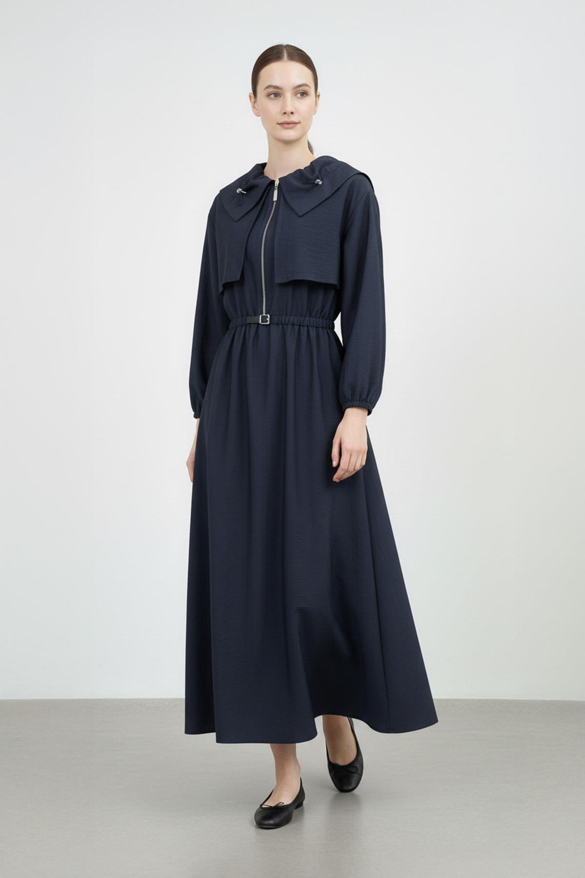 Kadın Fermuarlı Belden Kemerli Uzun Elbise-32451 - NAVY