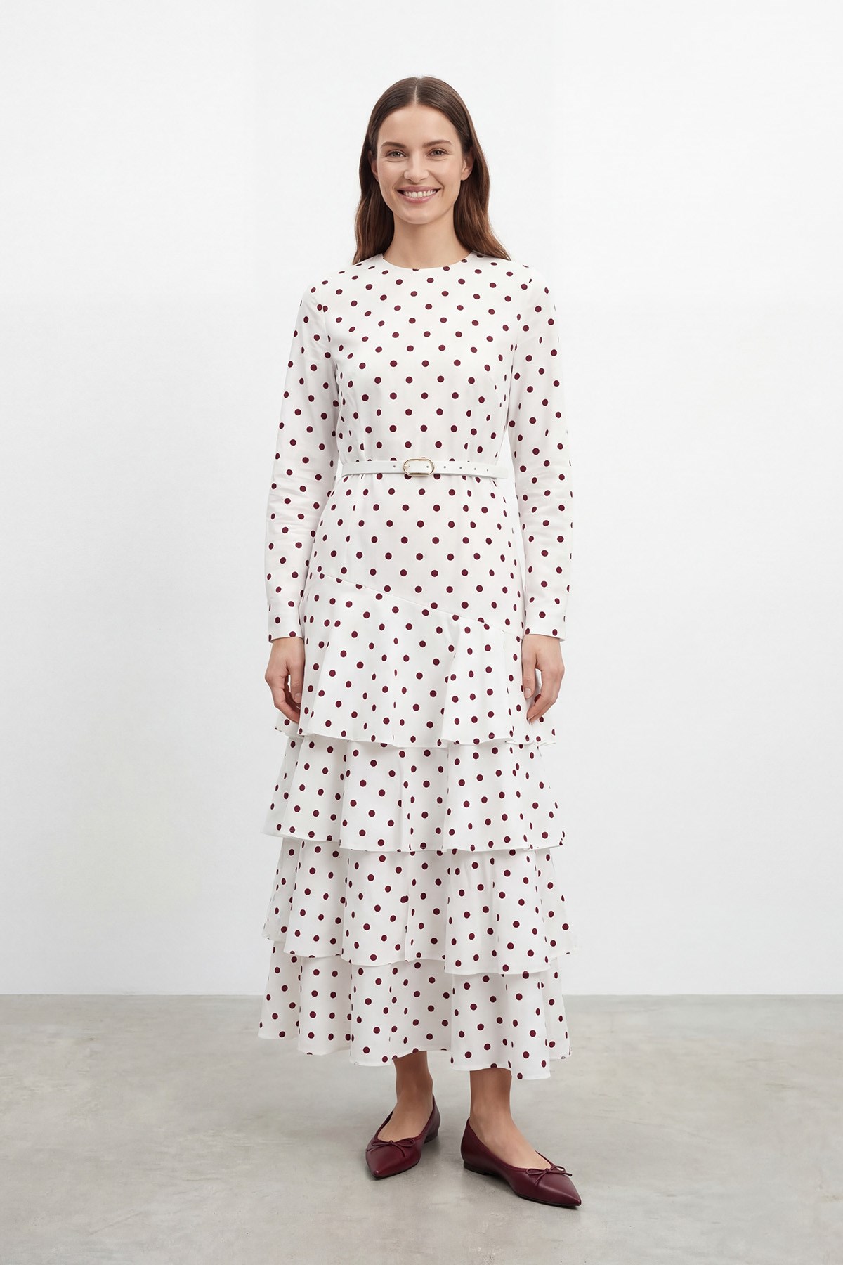 Kadın Puantiye Detaylı Kat Kat Elbise -20769ELB - ECRU-BURGUNDY