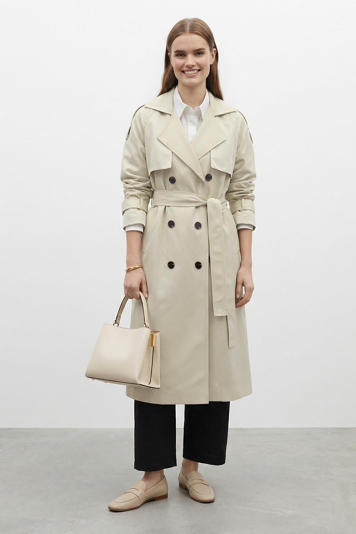 Kruvaze Kuşaklı Uzun Trençkot-20737 - STONE