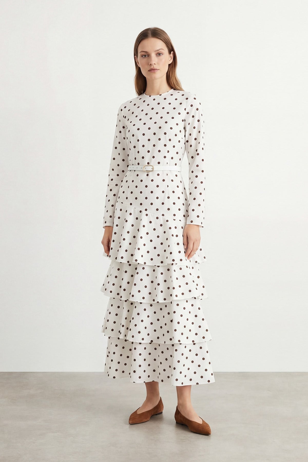 Kadın Puantiye Detaylı Kat Kat Elbise -20769ELB - ECRU-BROWN