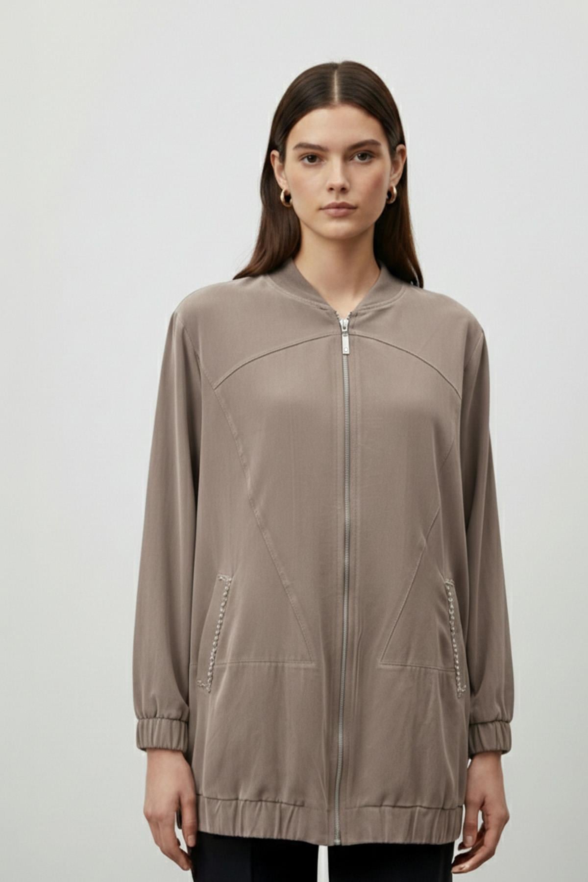 Kadın Cep Detaylı Fermuarlı Süet Ceket - 15258CKT - BROWN