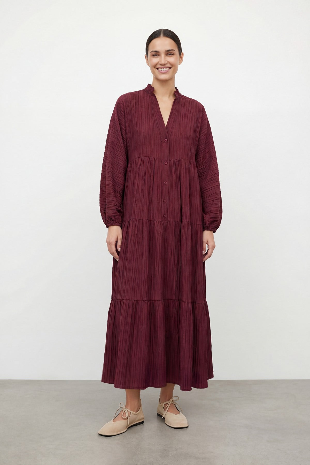 Kadın V Yaka Katlı  Elbise – 32461ELB - DAMSON