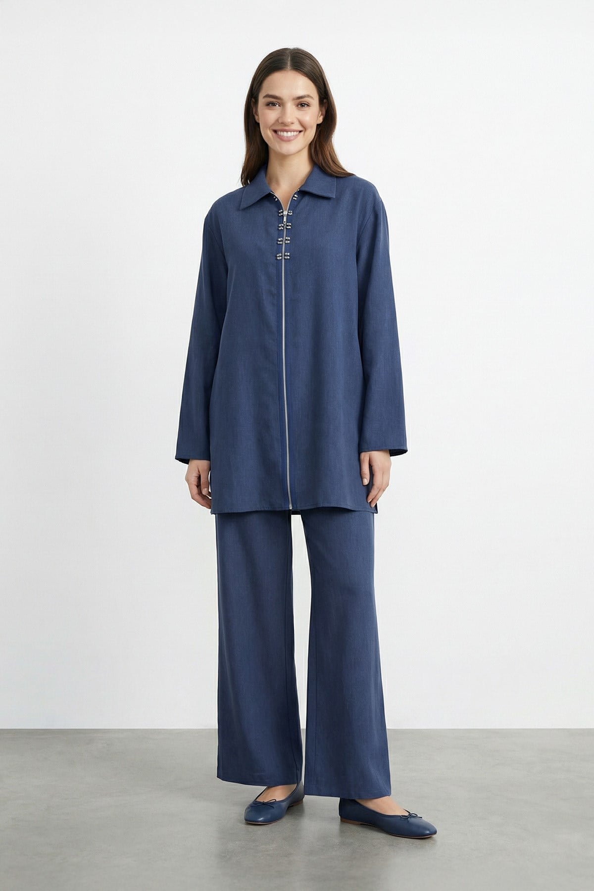 Kadın Gömlek Yaka Fermuarlı Tunik Pantolon Takım – 14446TKS - NAVY
