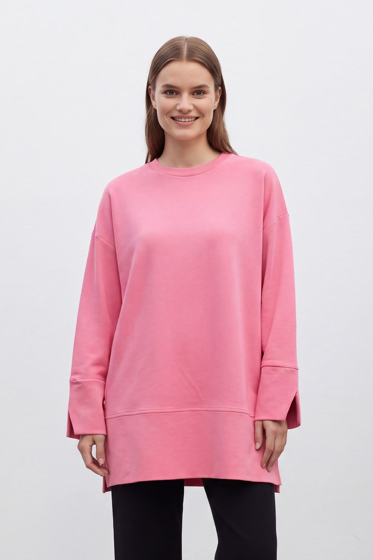 Düşük Omuz Kol Detaylı  Örme Tunik Pembe Tunik Loreen 