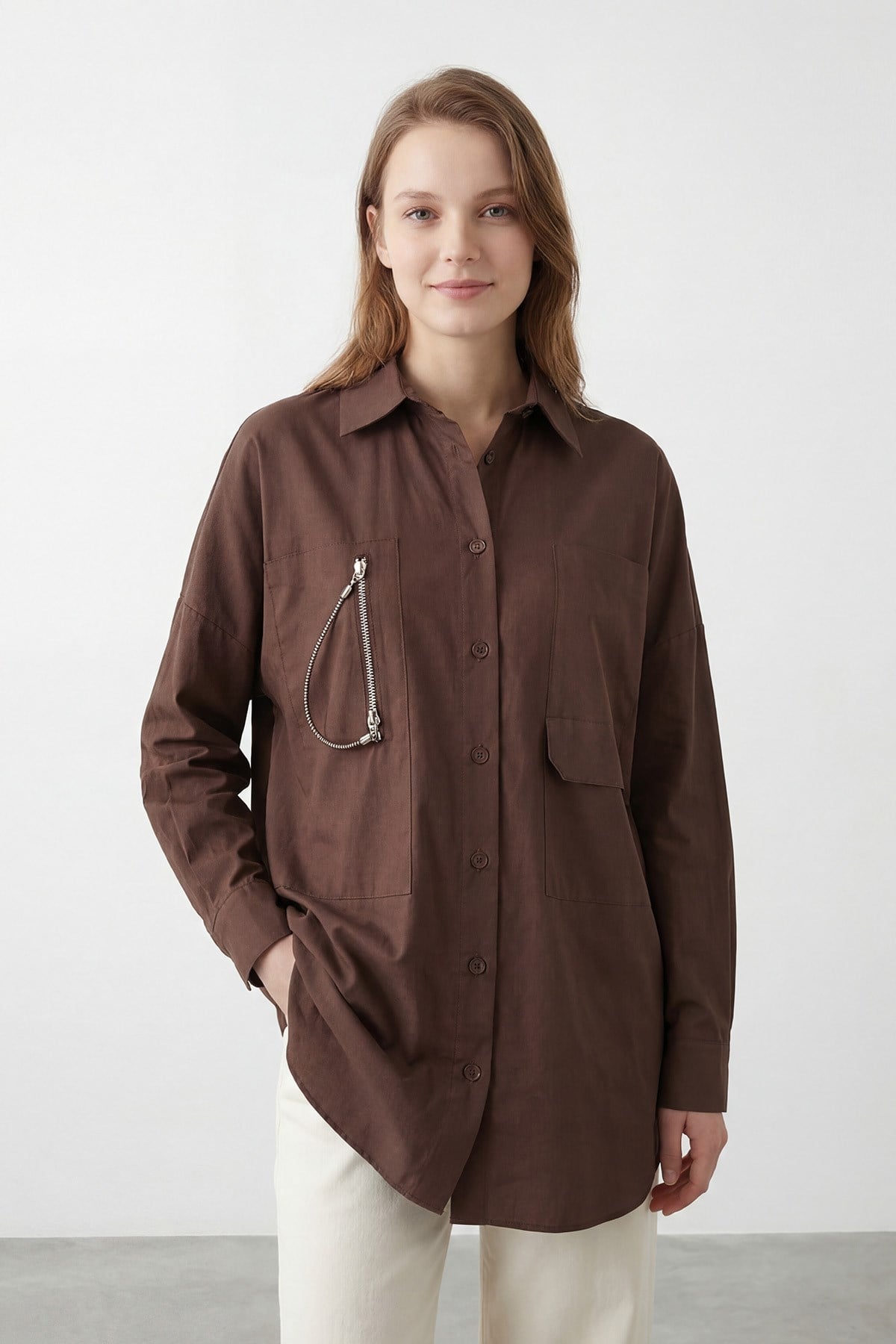 Kadın Zincir Detaylı Gömlek Yaka Tunik – 20727TUN - BROWN