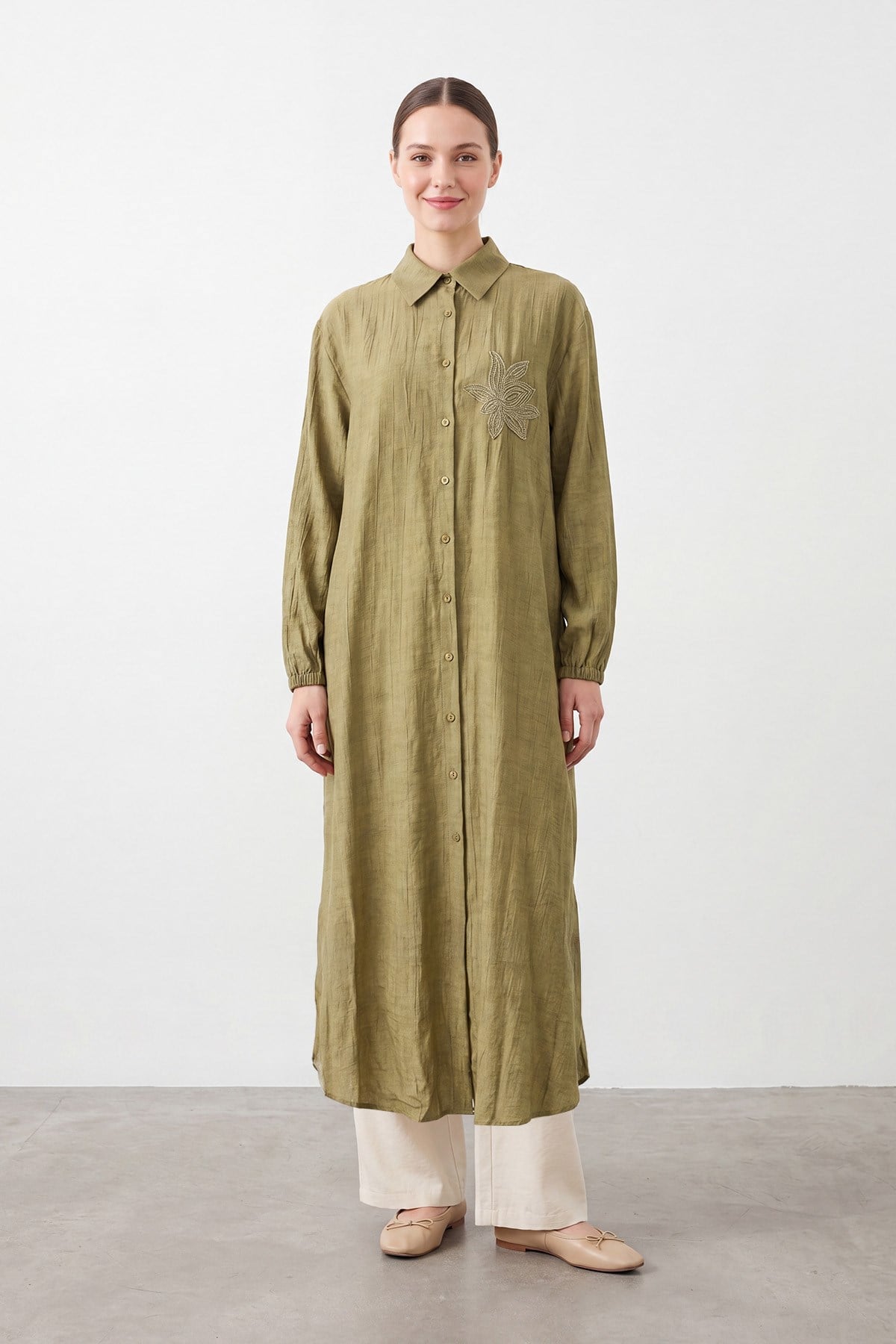 Kadın Taş Detaylı Uzun Gömlek Tunik- 10799TUN - OLIVE