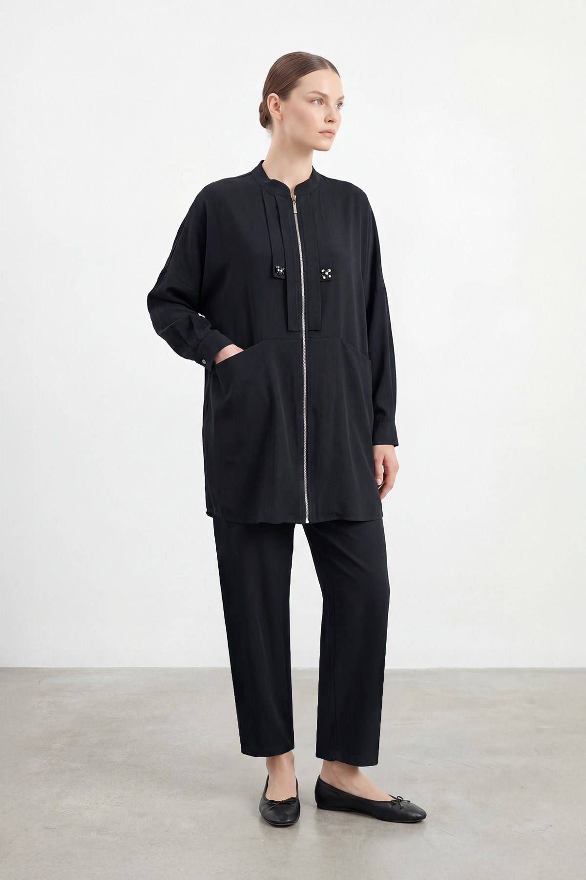 Kadın Aksesuar Detaylı Fermuarlı Tunik Pantolon Takım – 26S-14453TKS - BLACK