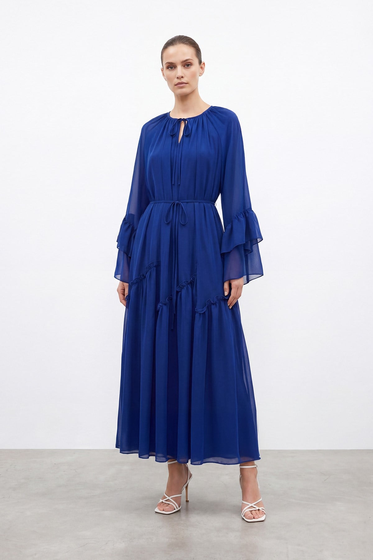 Kadın Bağcık Detaylı Volan Kol Uzun Elbise – 26S-12694ELB - SAX BLUE