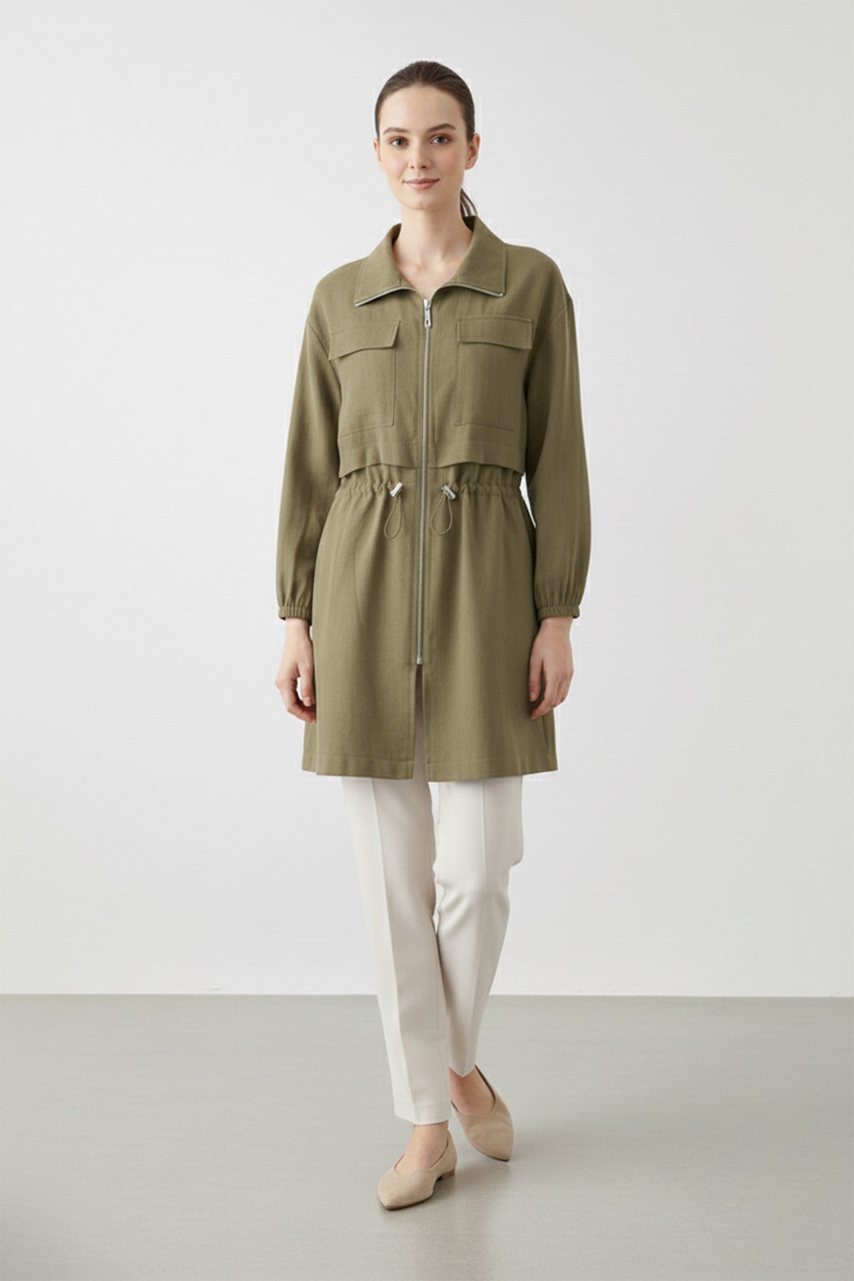 Fermuarlı Dik Yaka Beli Büzgülü Kadın Ceket-15260 - KHAKI