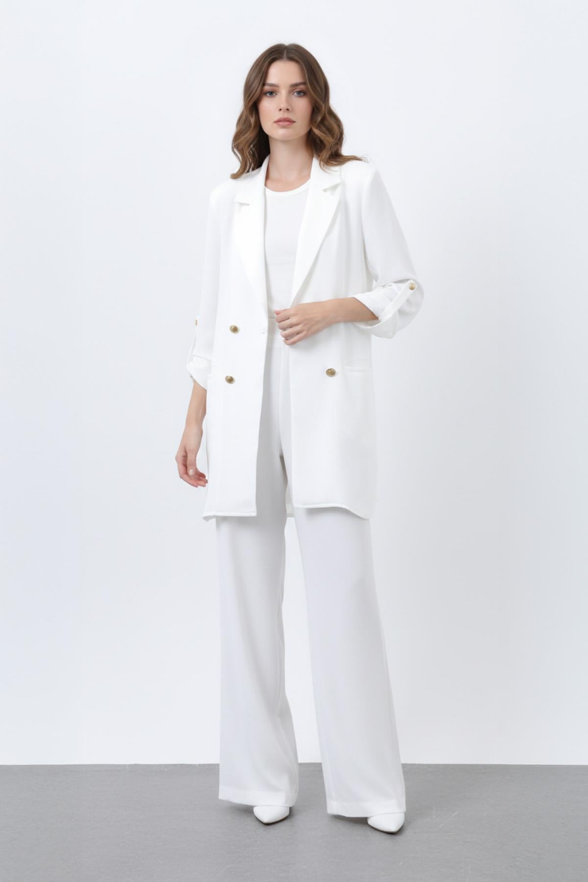 Kadın Düğme Detaylı Pantolonlu Blazer Ceket Takım - 14321TKM - ECRU