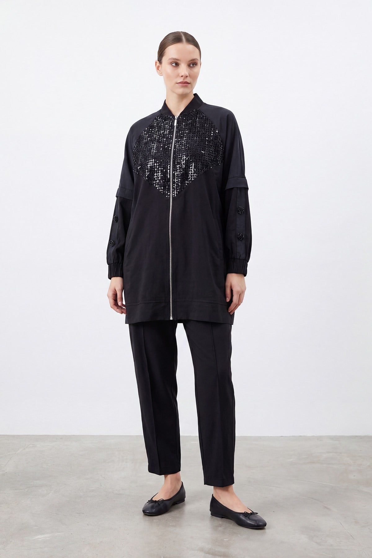 Kadın Pul Payet Detaylı Fermuarlı Tunik Pantolon Takım – 26S-14462TKS - BLACK
