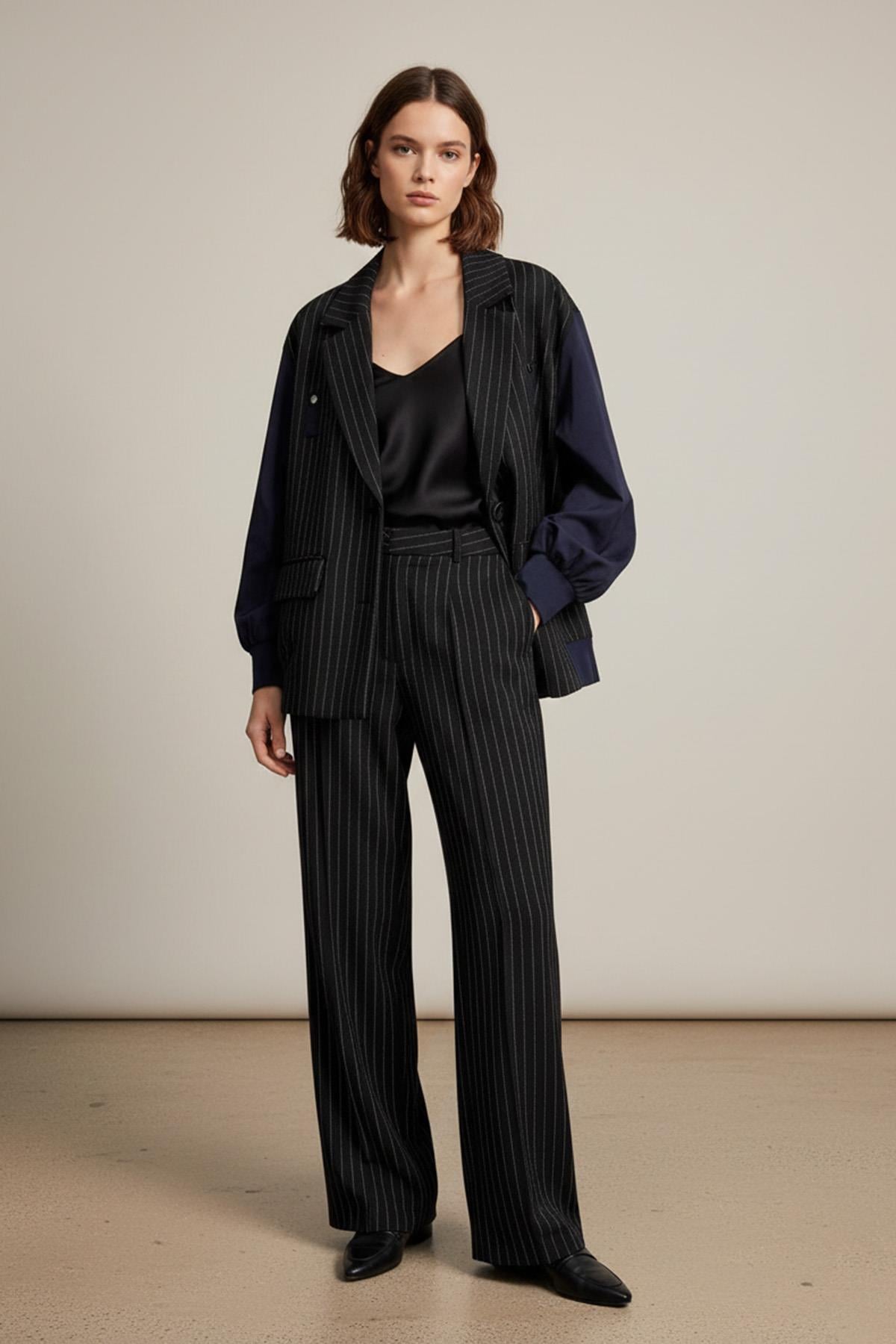 Kadın Çizgili Oversize Ceket  -  32401CKT - BLACK-NAVY