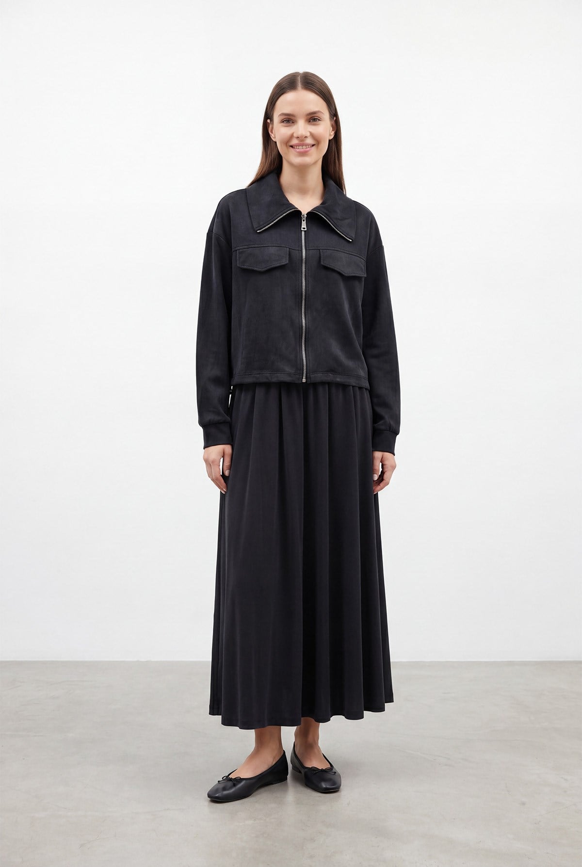 Kadın Gömlek Yaka Beli Lastikli Uzun Etekli Takım – 14440TKS - BLACK