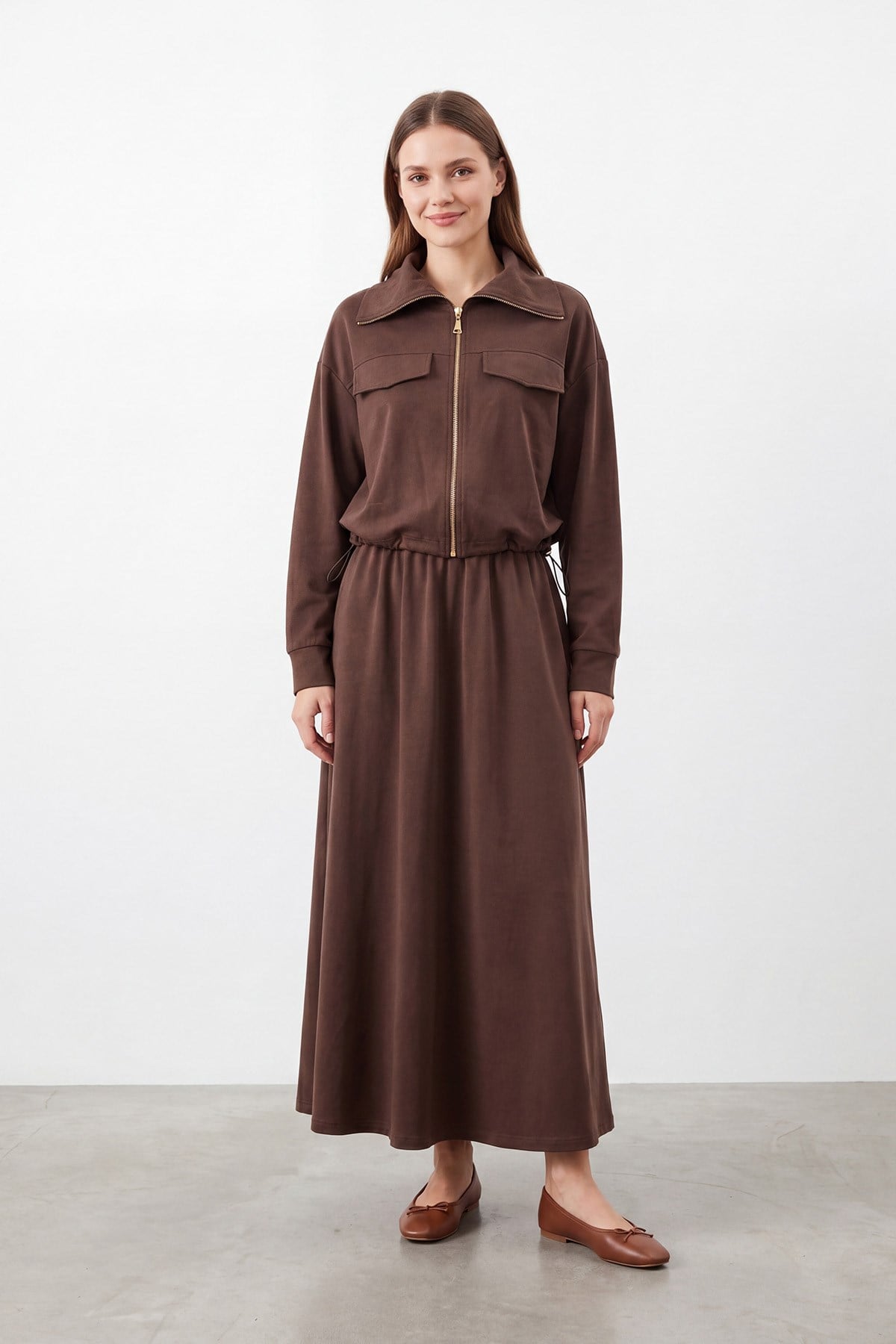 Kadın Gömlek Yaka Beli Lastikli Uzun Etekli Takım – 14440TKS - BROWN