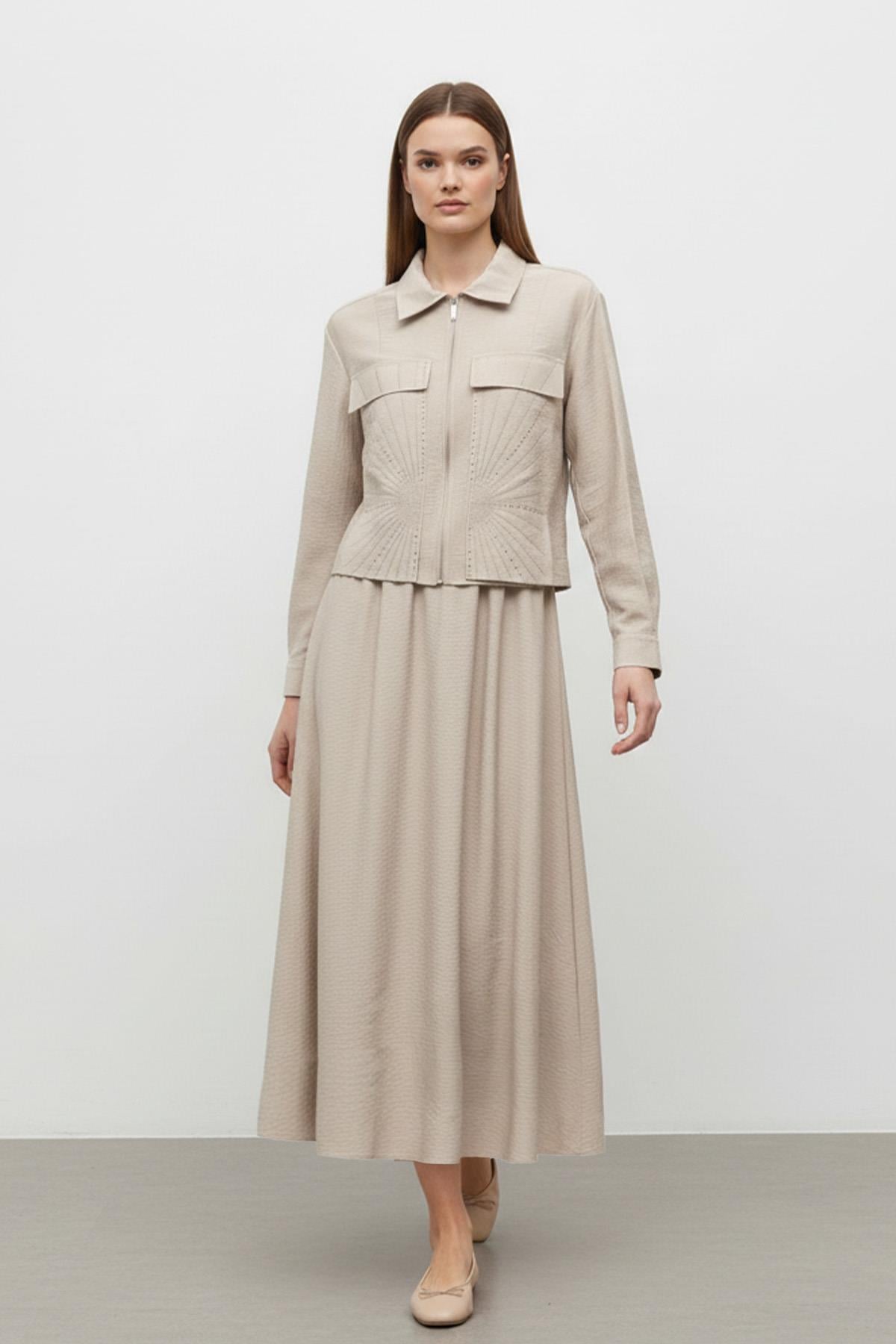 Kadın Fermuarlı Yaka Taş Detaylı İkili Takım-14437TKS - STONE