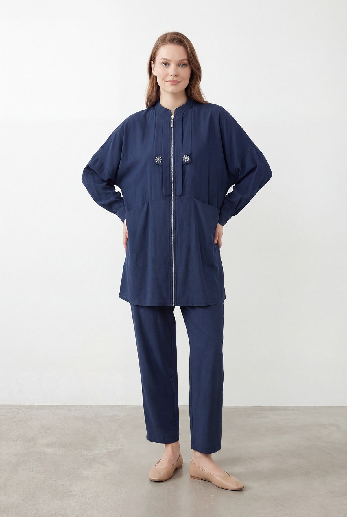 Kadın Aksesuar Detaylı Fermuarlı Tunik Pantolon Takım – 26S-14453TKS - NAVY