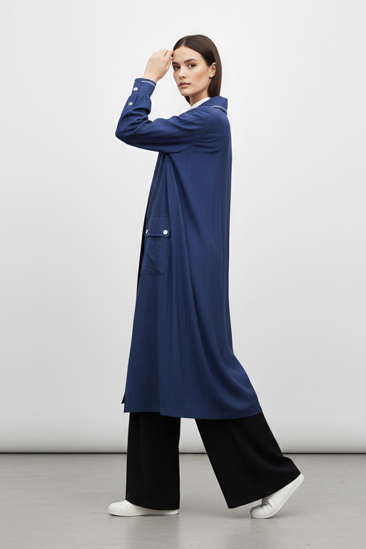 Biyeli Yaka Cepli Uzun Kap-15256 - NAVY