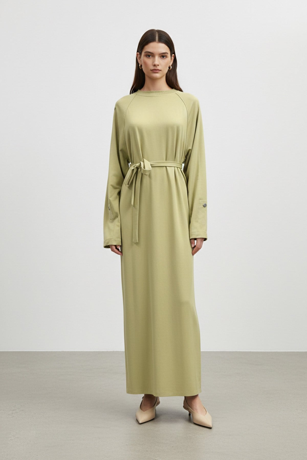 Kadın Kuşak Detaylı Rahat Kesim Uzun Elbise - 12671ELB - OLIVE