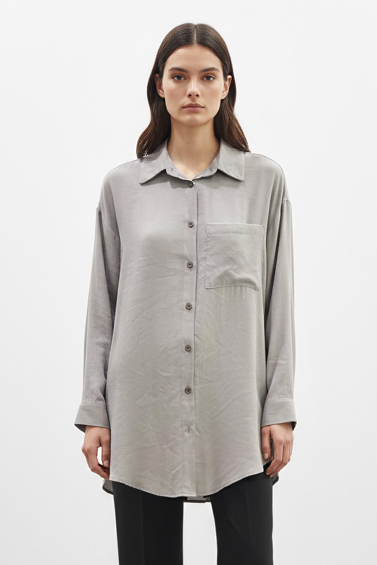 Kadın Cep Detaylı Basic Gömlek Tunik - 10677TUN - GREY