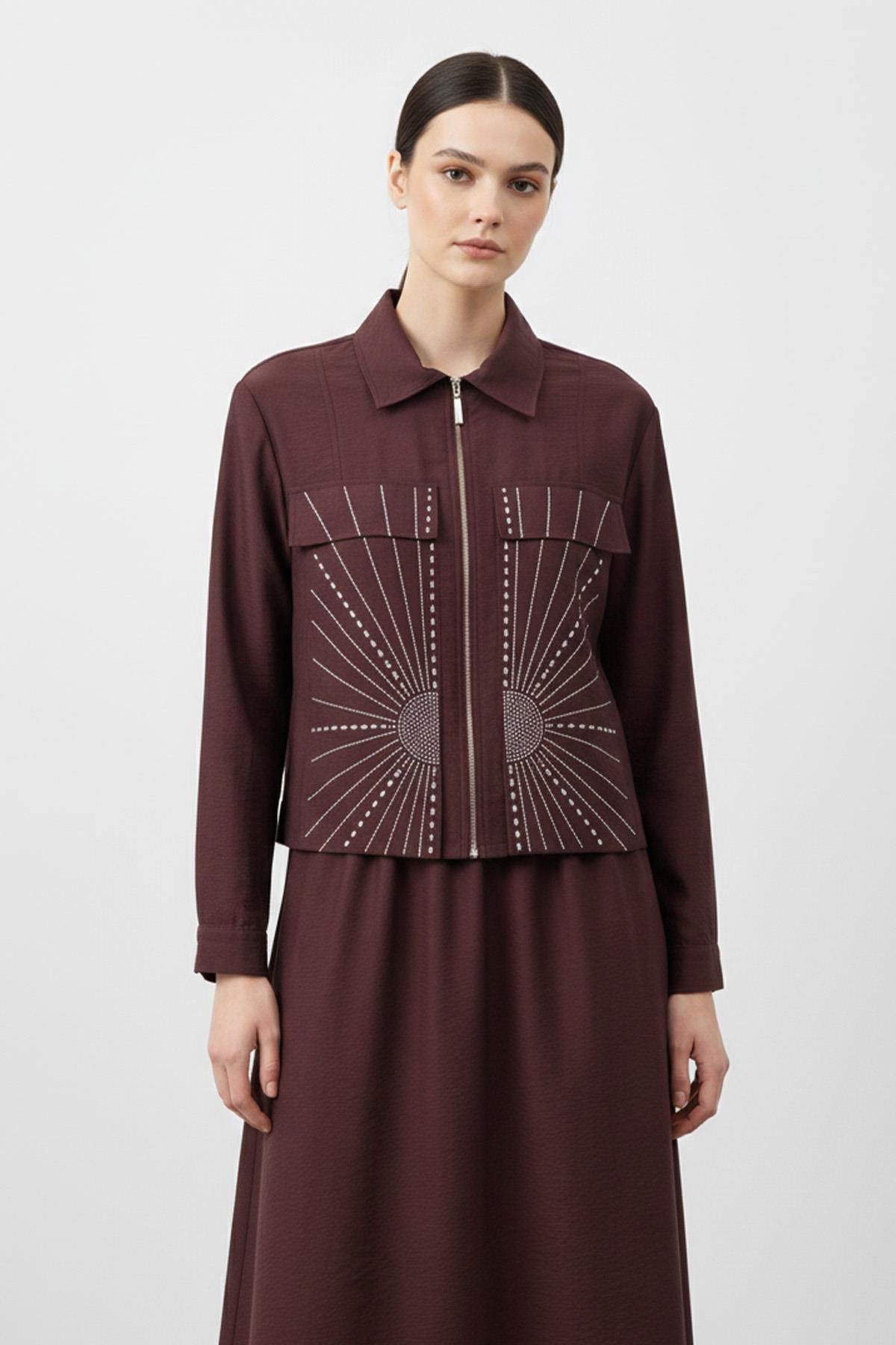 Kadın Fermuarlı Yaka Taş Detaylı İkili Takım-14437TKS - DAMSON