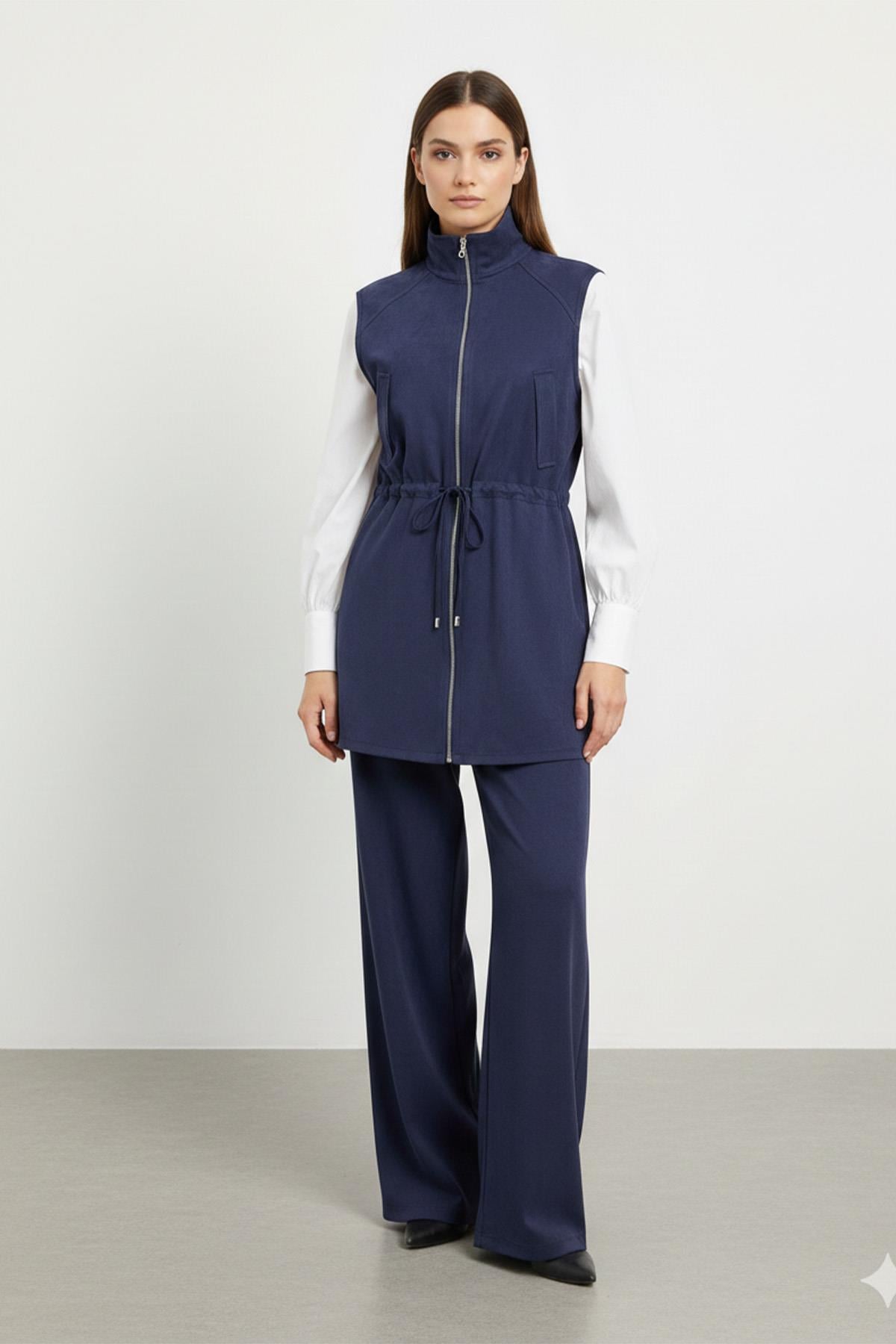Kadın Fermuarlı Yelek ve Pantolon Takımı-14432 - NAVY