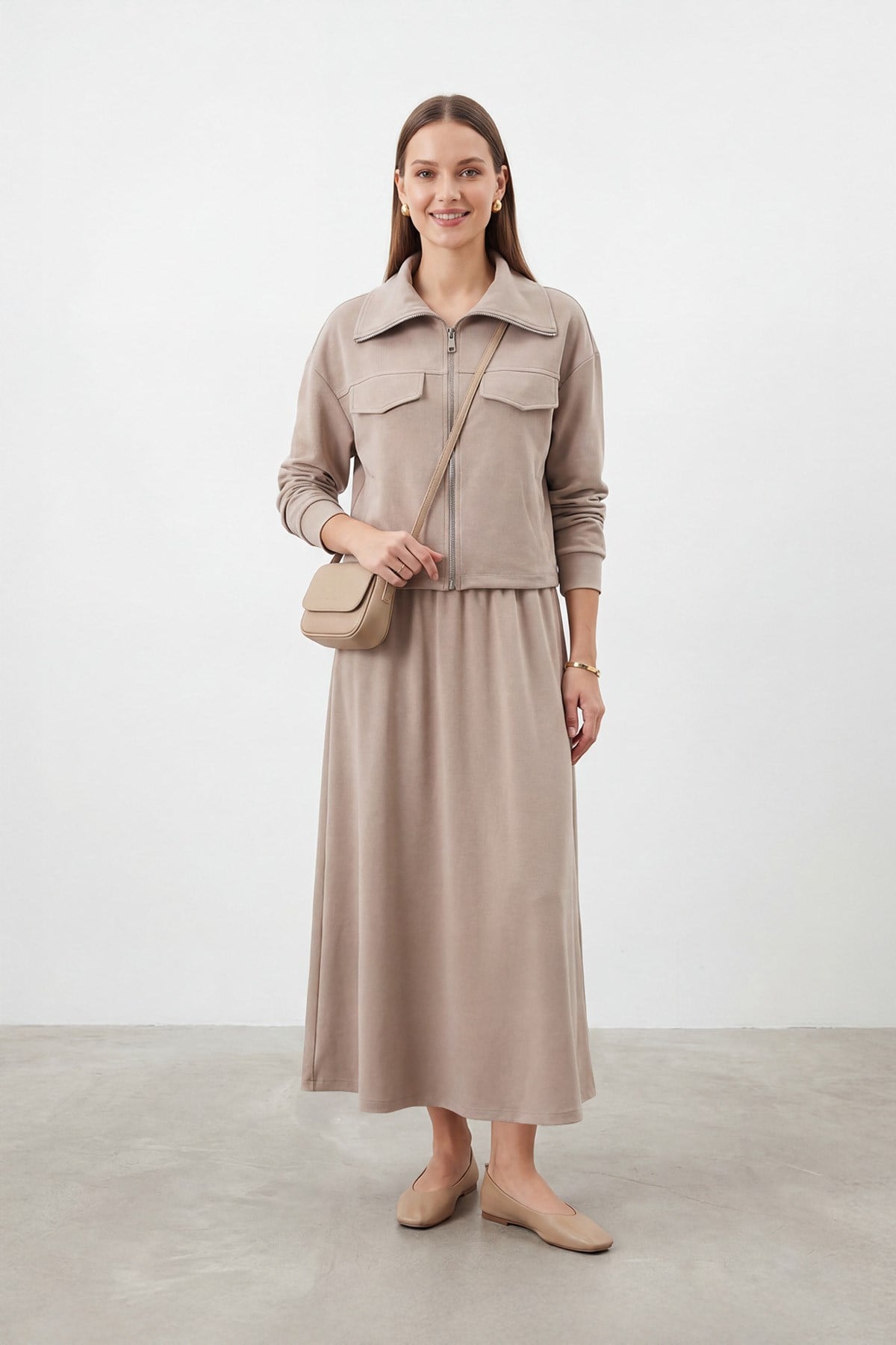 Kadın Gömlek Yaka Beli Lastikli Uzun Etekli Takım – 14440TKS - MINK