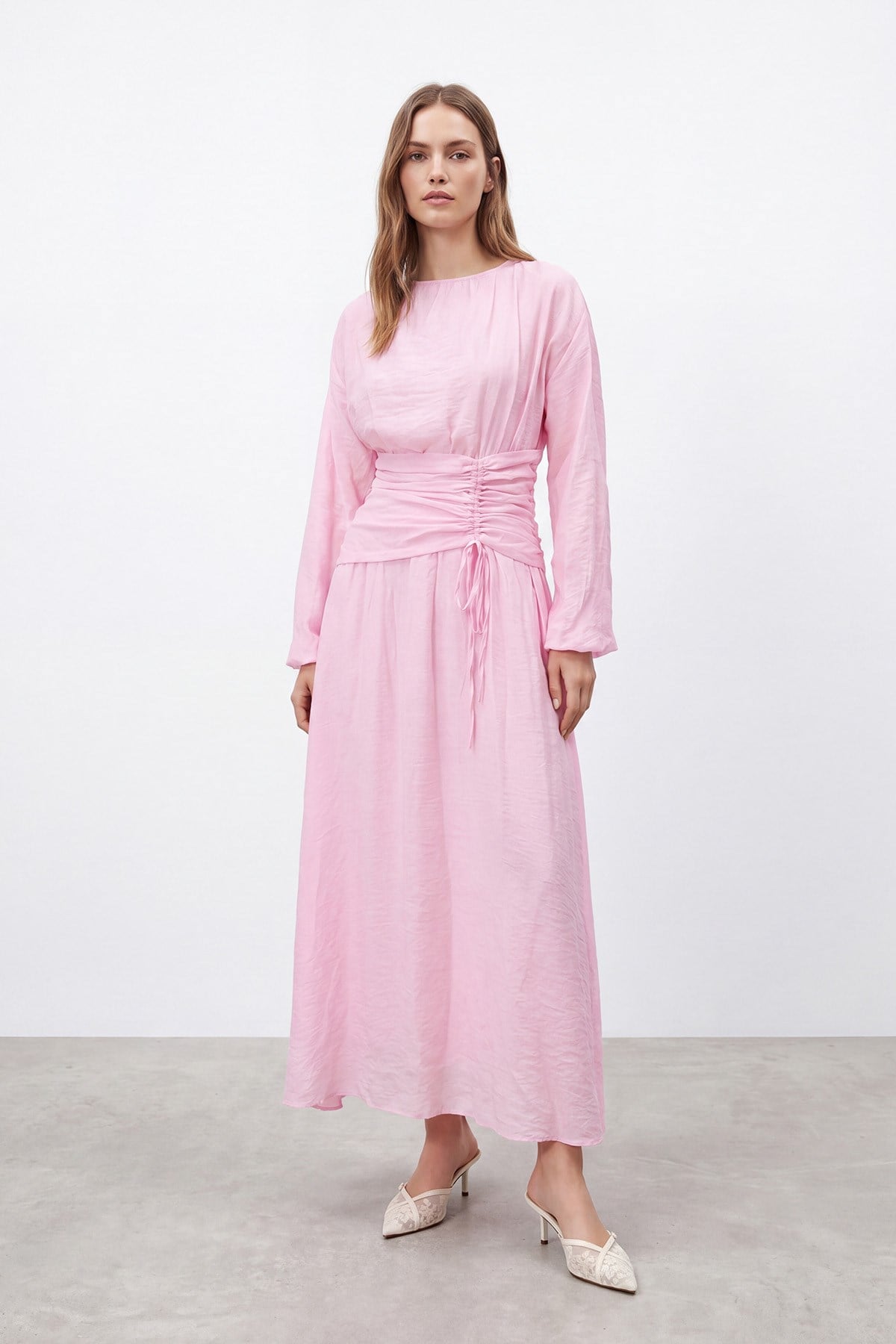 Kadın Bel Detaylı Uzun Elbise -20712ELB - PINK