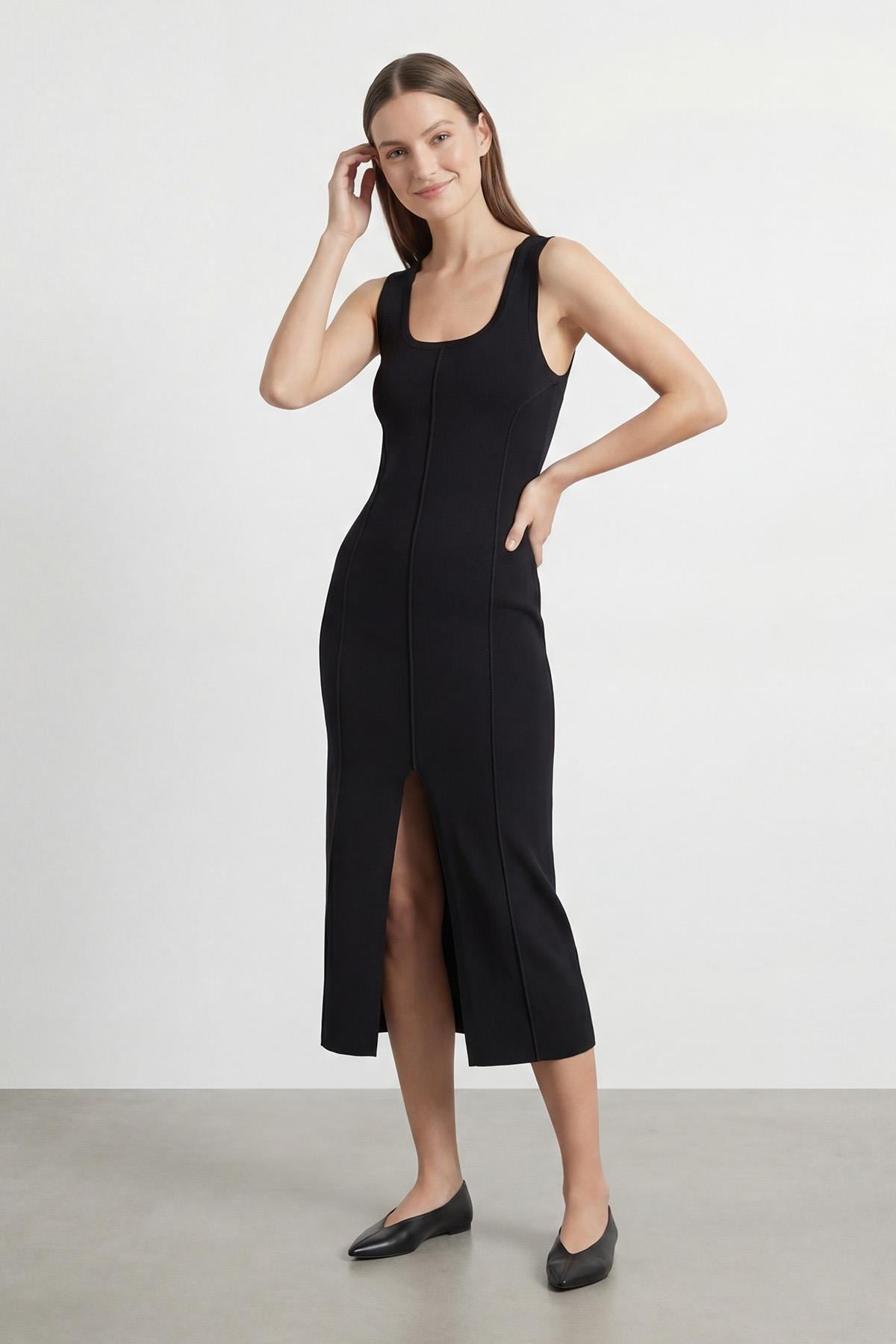 Kadın Kalın Askılı Yırtmaçlı Elbise  - 31861ELB - BLACK