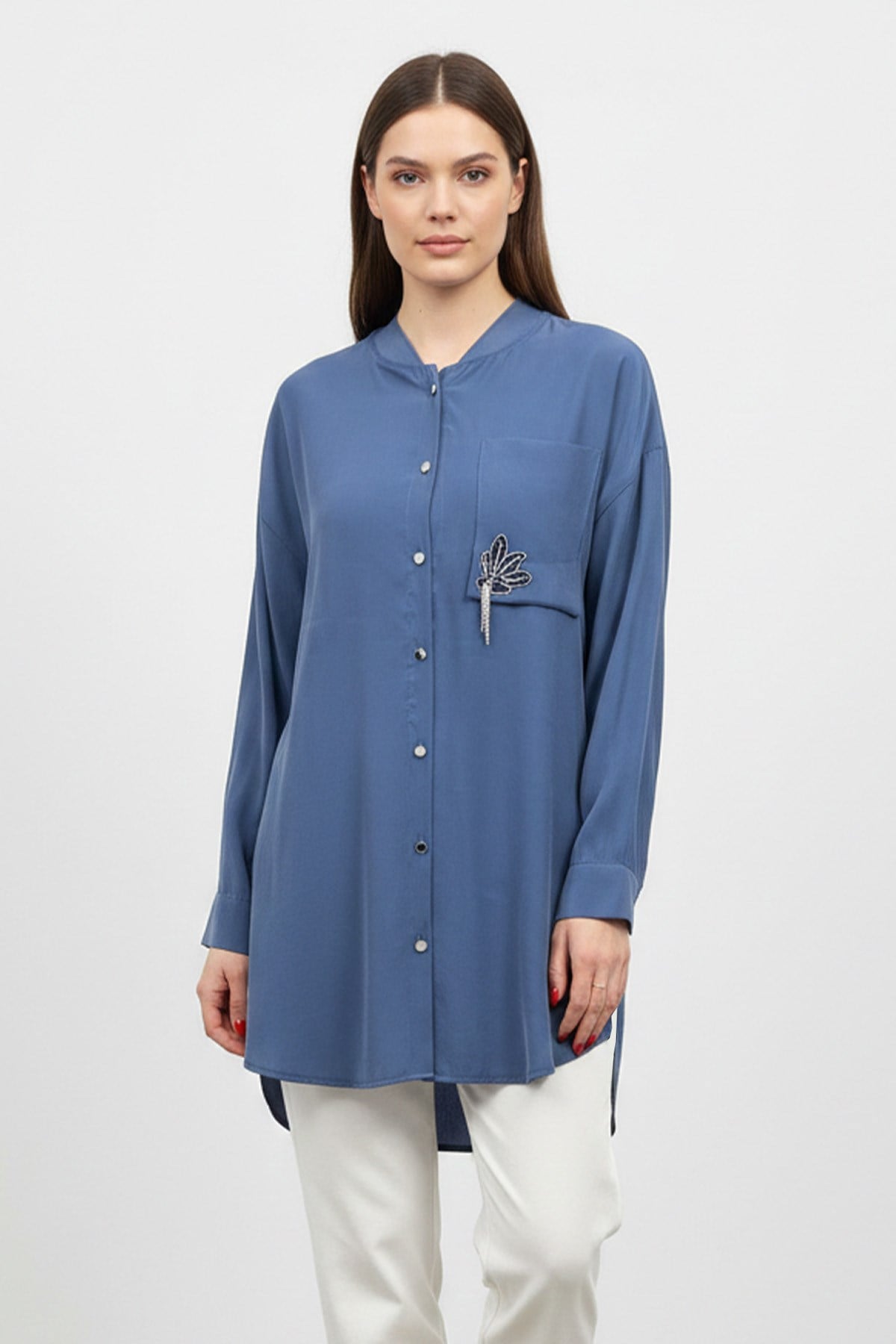Kadın Düğmeli  Broş Detaylı Uzun Tunik -10763 - INDIGO