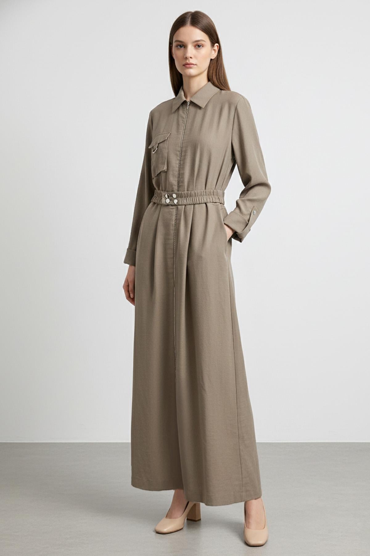 Kadın Fermuarlı Gömlek Yaka Belden Kemerli Uzun Elbise-12667 - MINK