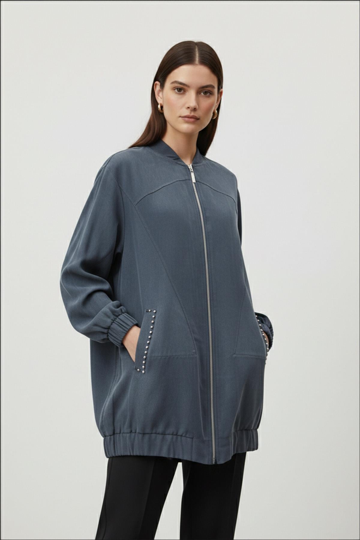 Kadın Cep Detaylı Fermuarlı Süet Ceket - 15258CKT - NAVY