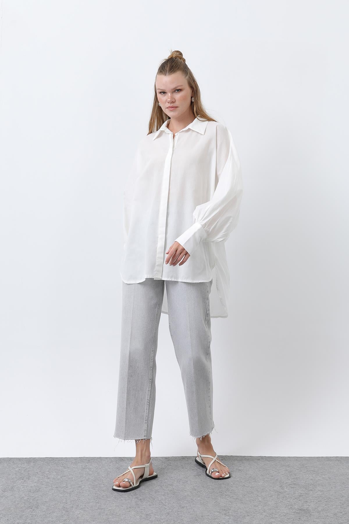 Kadın Volanlı Oversize Pamuk Poplin Gömlek-20665GML - ECRU