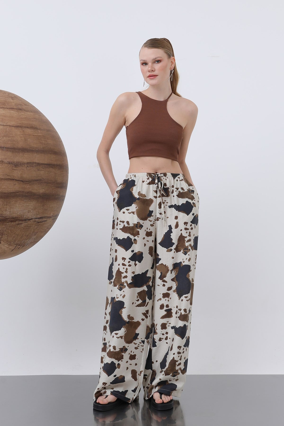 Kadın Desenli Bol Pantolon -32230PNT - BEIGE-BROWN